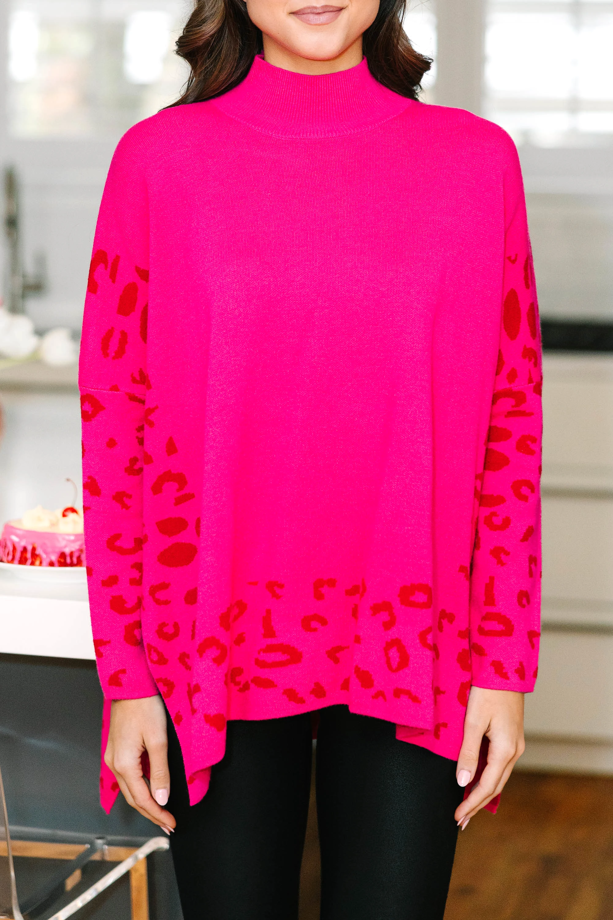 All In Theory Fuchsia Pink Leopard Sweater Tunic