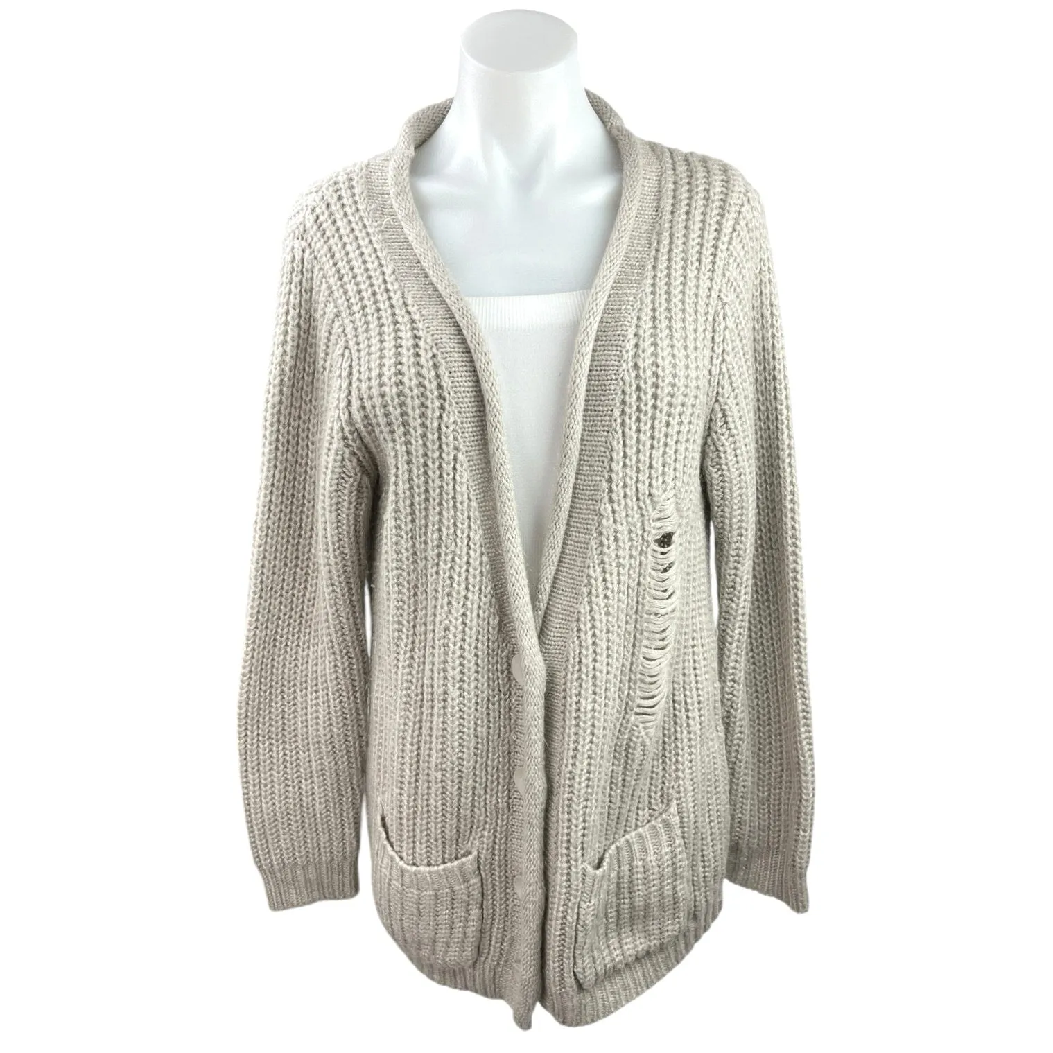 Anthropologie POL Cream Chunky Knit Distressed Pocket Cardigan Sweater Top Sz L