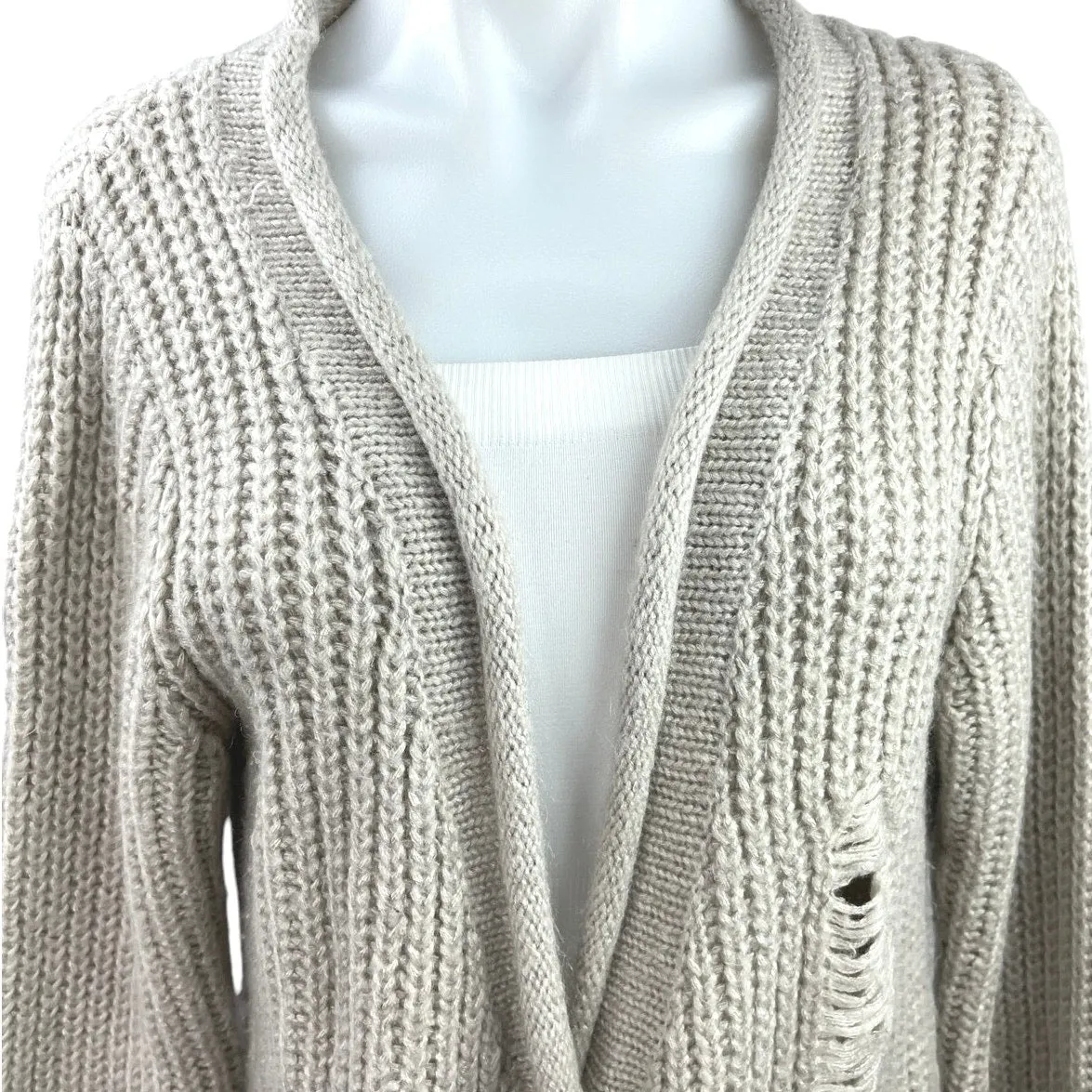 Anthropologie POL Cream Chunky Knit Distressed Pocket Cardigan Sweater Top Sz L