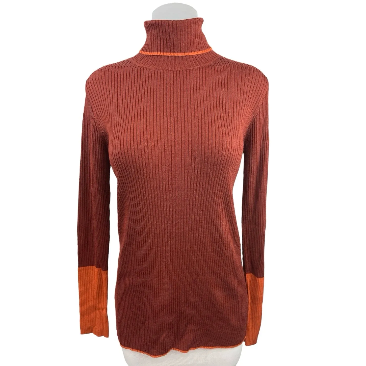 Argent Brown Maroon Merino Wool Ribbed Knit Turtleneck Pullover Sweater Top Sz L