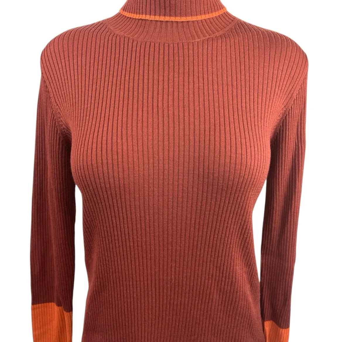 Argent Brown Maroon Merino Wool Ribbed Knit Turtleneck Pullover Sweater Top Sz L