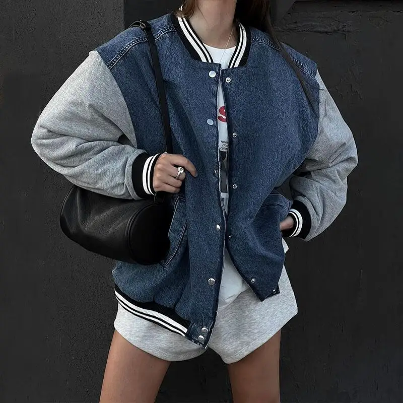 Asymmetric Design Oversized Varsity Bomber Jacket Women Casual Printed Jacket