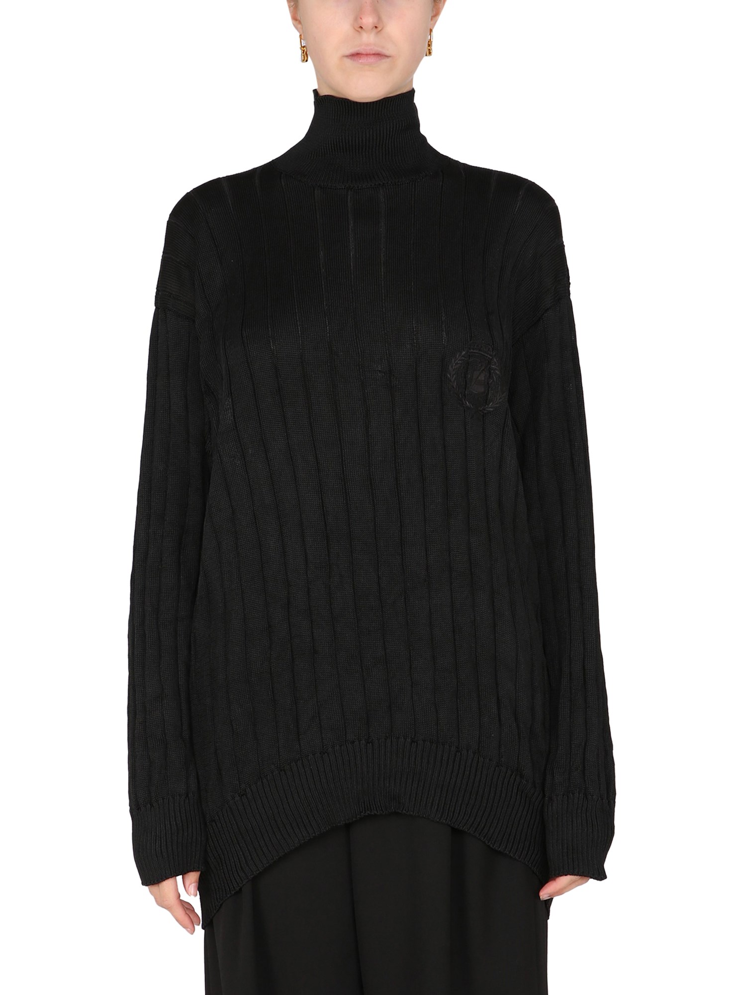 BALENCIAGA    OVERSIZED MOCK NECK PULLOVER IN RIBBED SILK KNIT