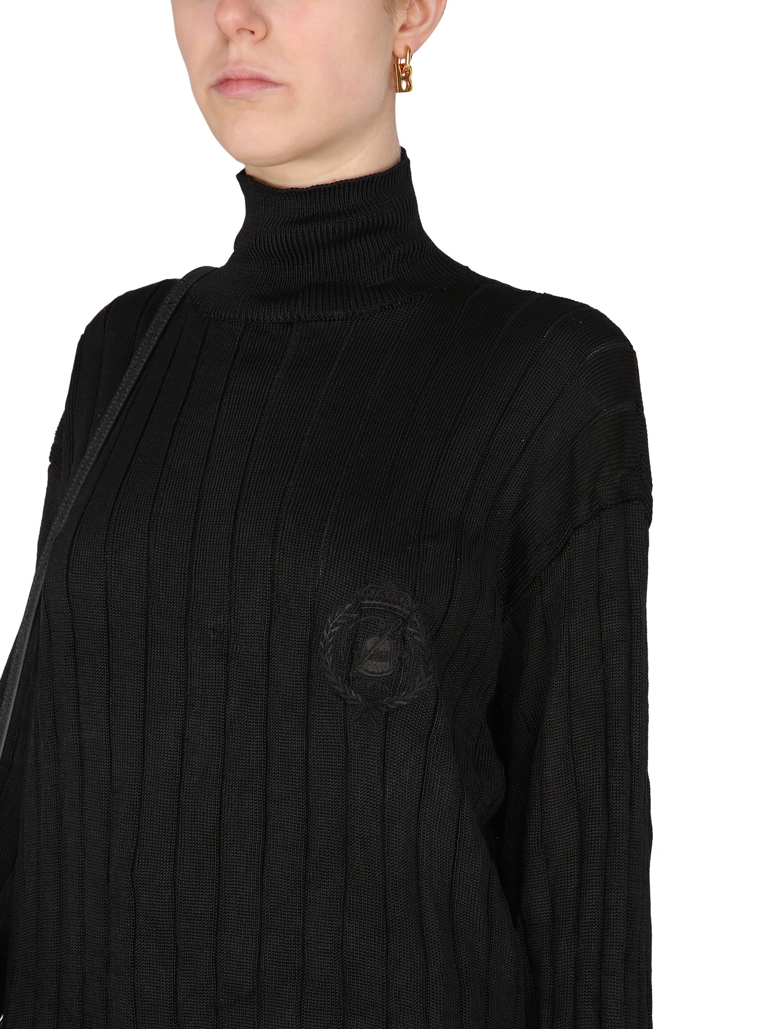 BALENCIAGA    OVERSIZED MOCK NECK PULLOVER IN RIBBED SILK KNIT