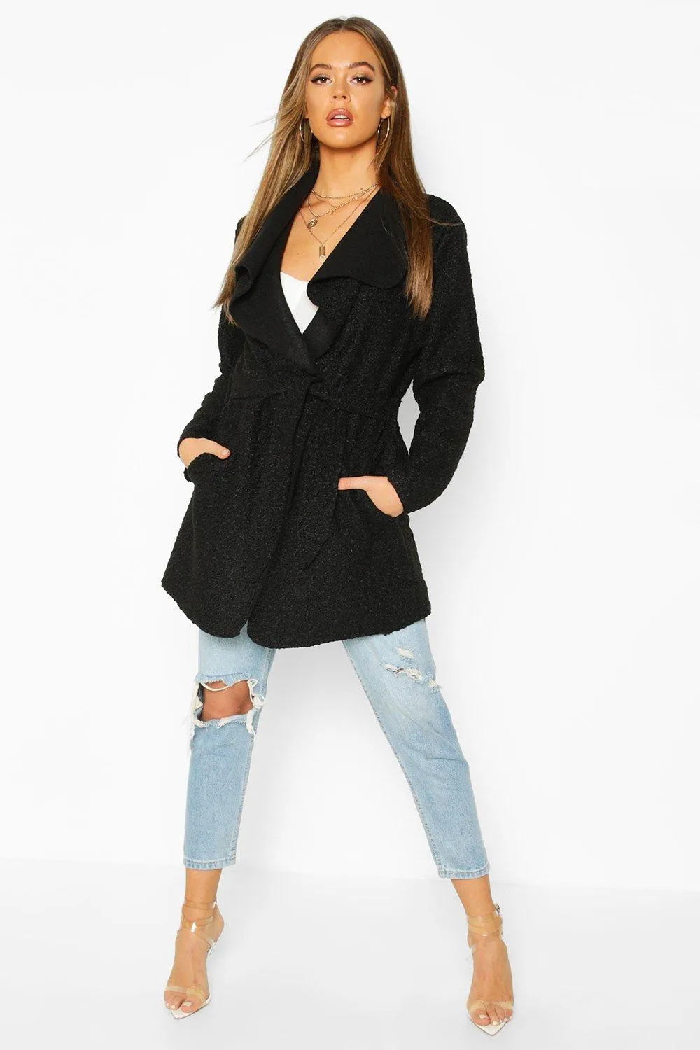 Belted Waterfall Faux Fur Teddy Coat