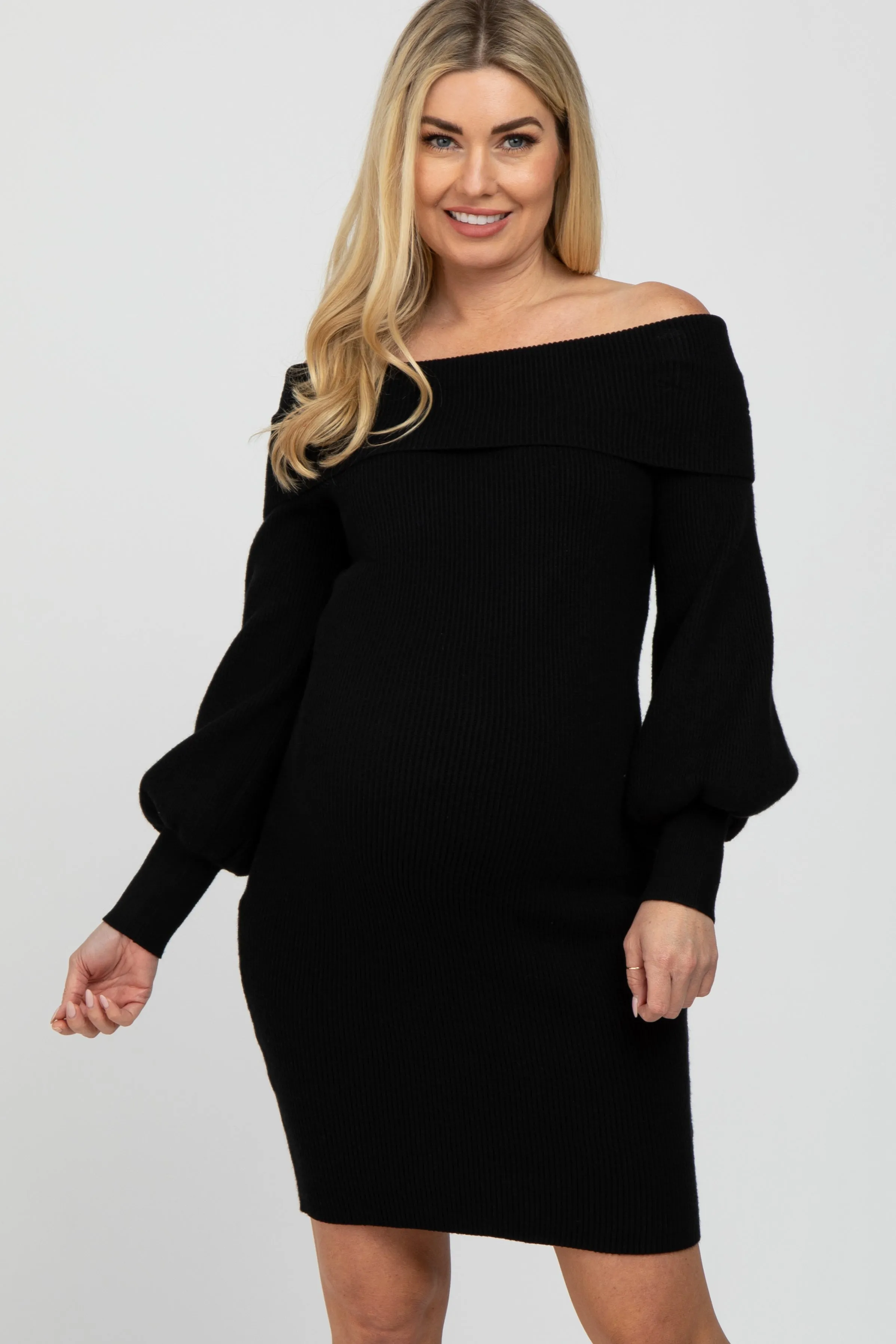 Black Off Shoulder Bubble Sleeve Maternity Sweater Dress