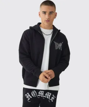 boohoo Mens Zip Through Gothic Print Hoodie