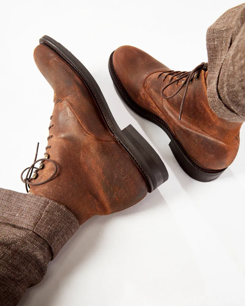 Brown Waxed Suede Plain-Toe Boot