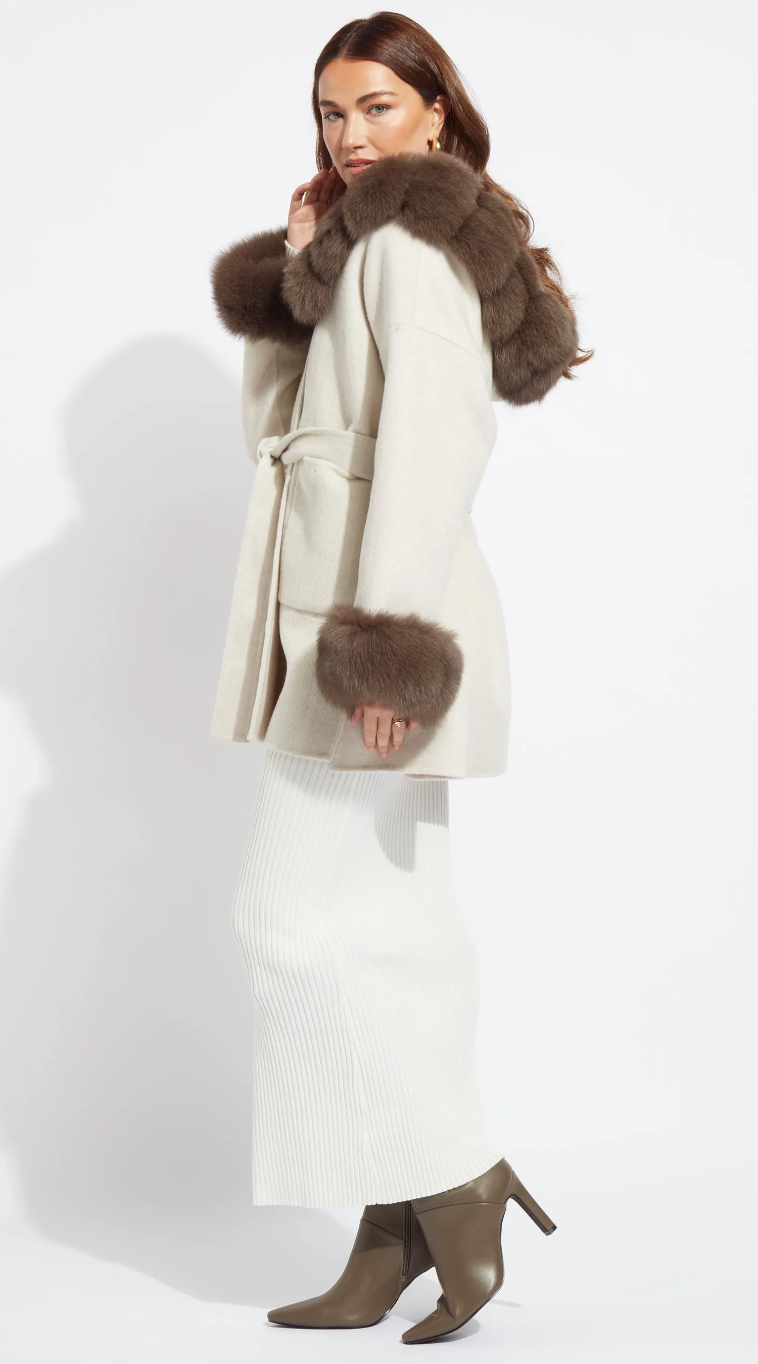 Cashmere &  Fox Fur Belted Coat