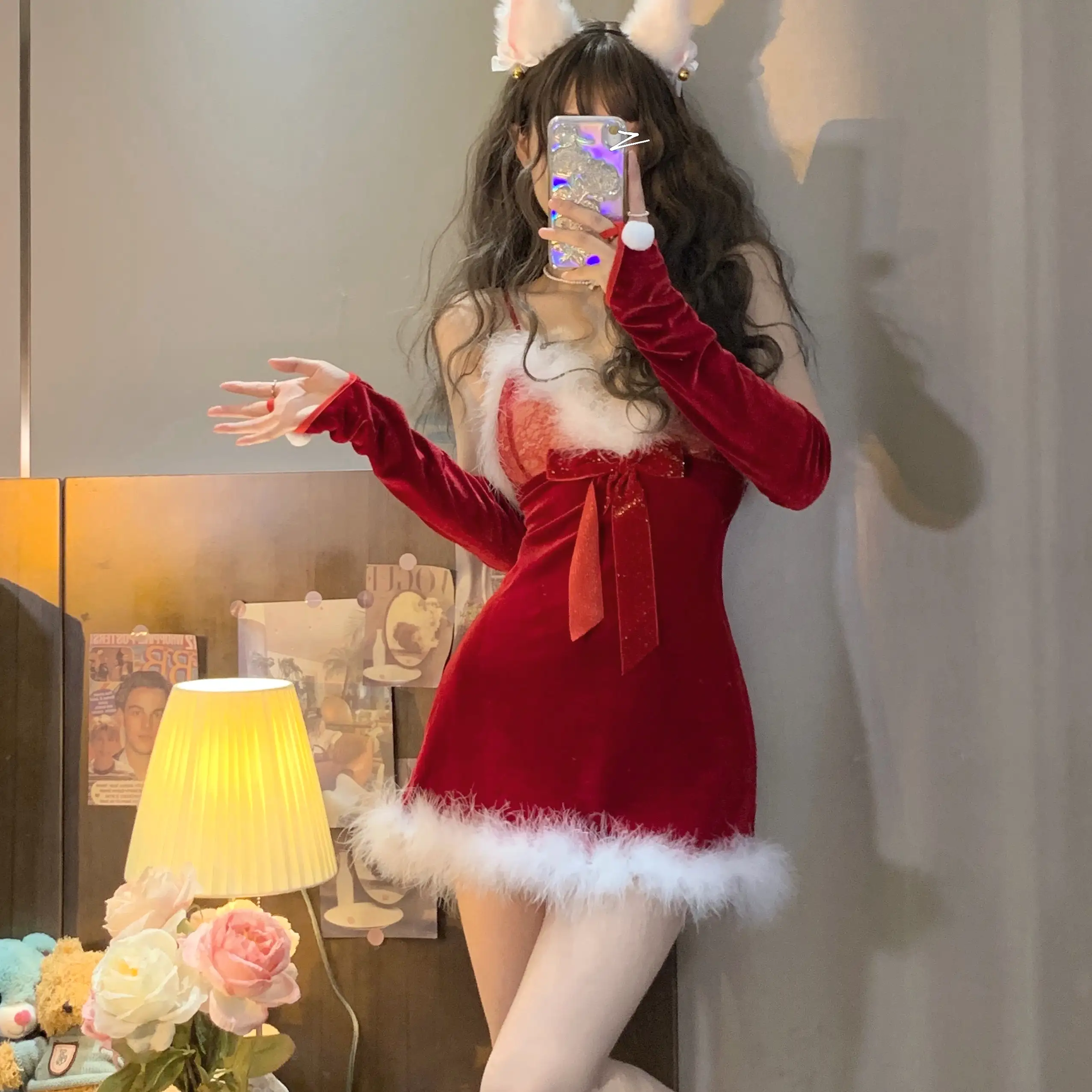 Christmas Plush bow suspender dress by9022