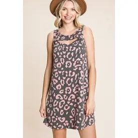 Cute Animal Print Cut Out Neckline Sleeveless Tunic Dress