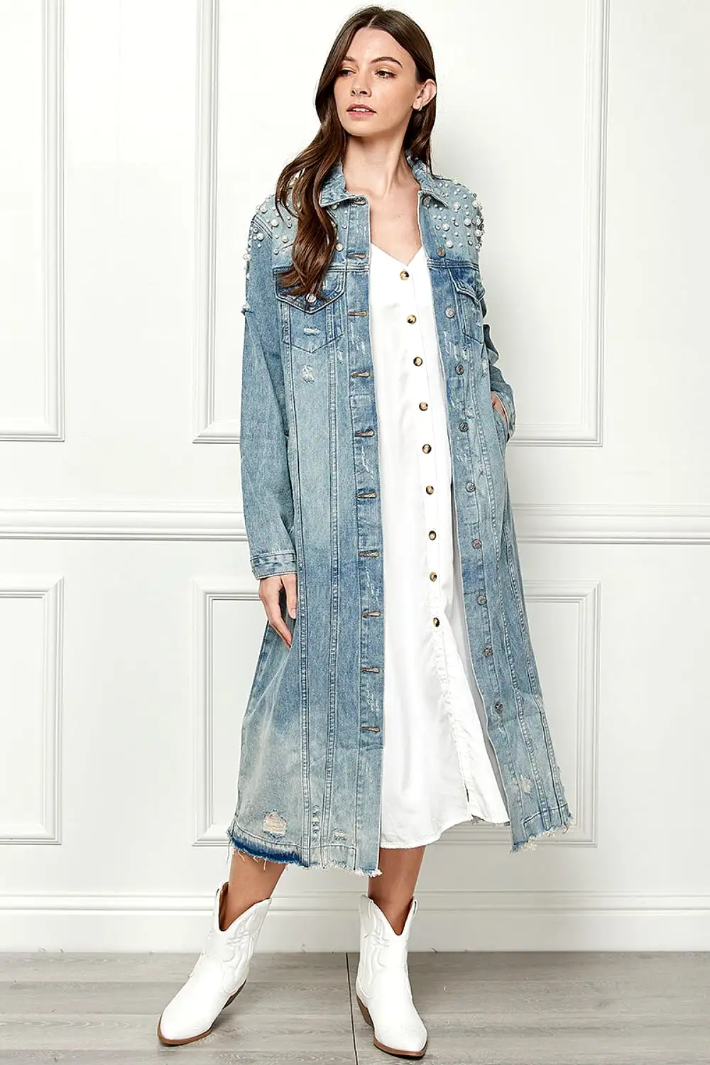 Distressed Pearl Detail Denim Jacket