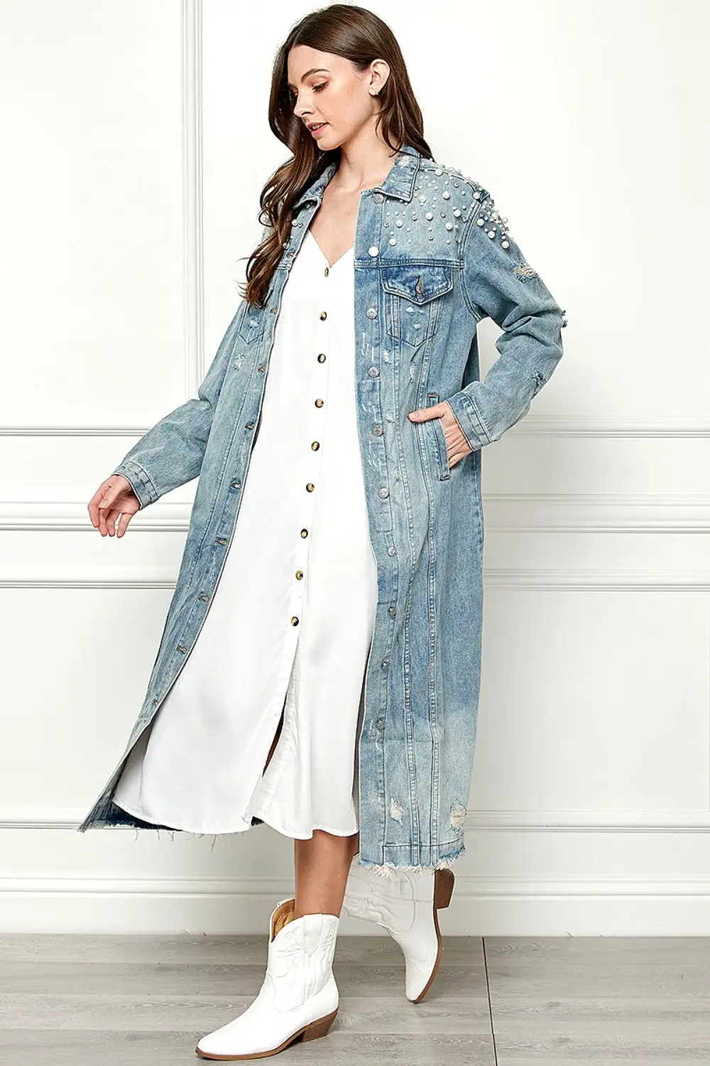 Distressed Pearl Detail Denim Jacket