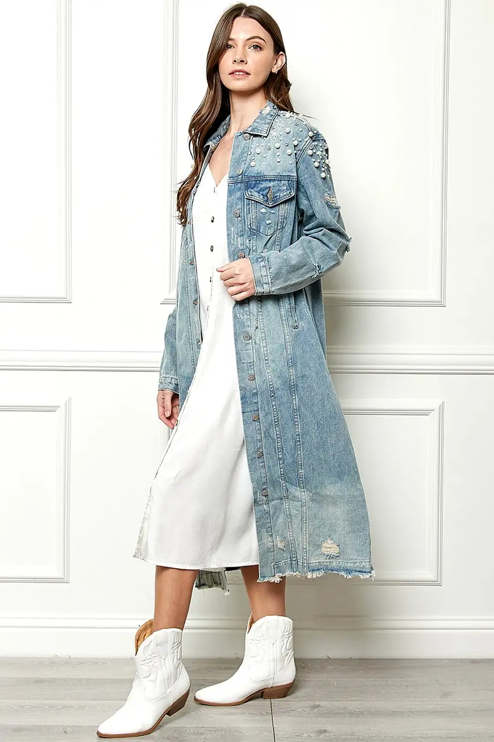 Distressed Pearl Detail Denim Jacket