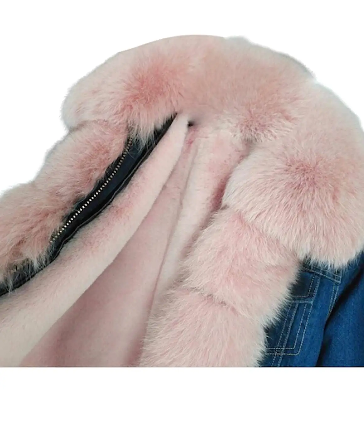 Fox Fur Trimmed Parka Denim Coat With Rabbit Fur Lining In Pink