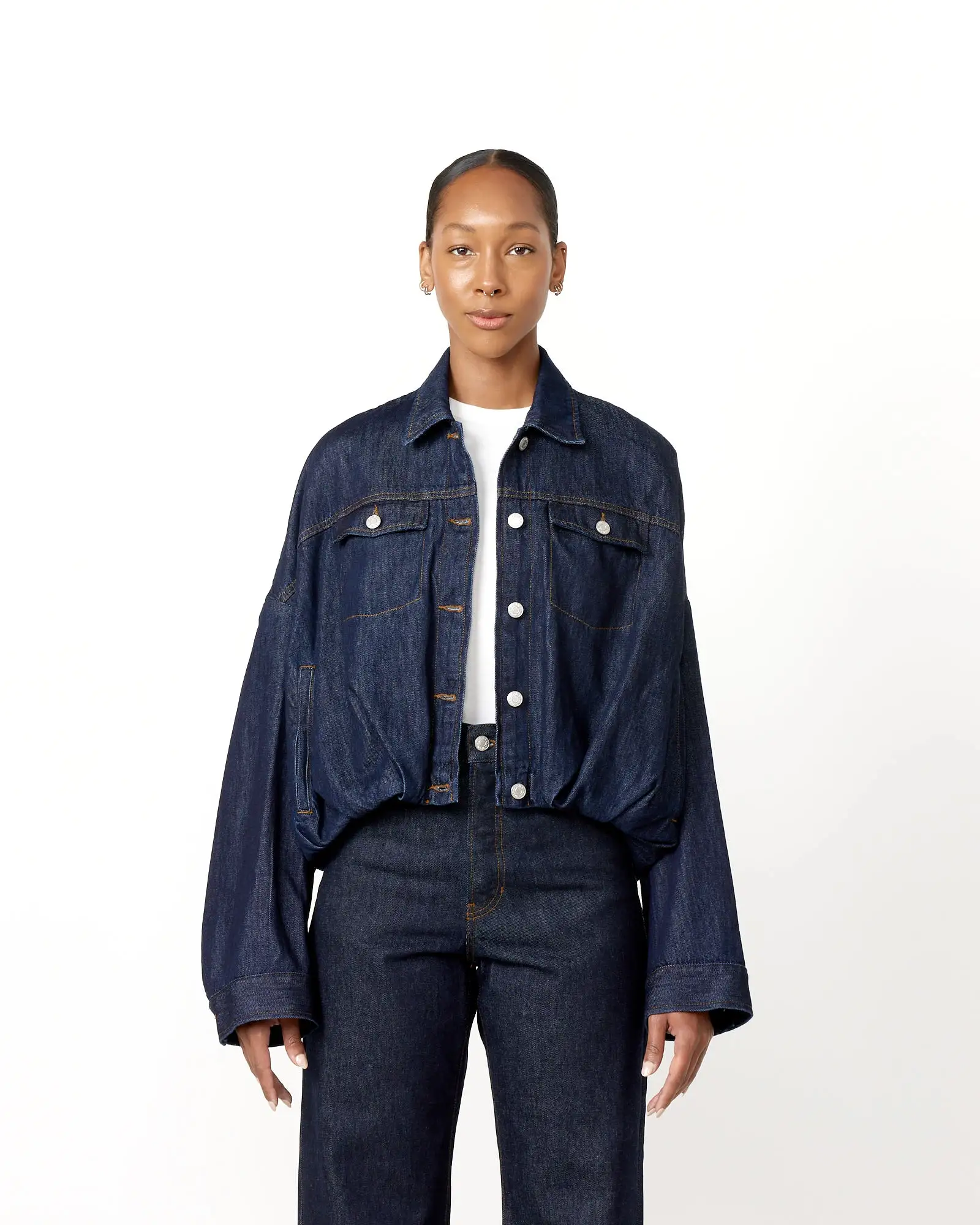 Gathered Denim Jacket in Indigo