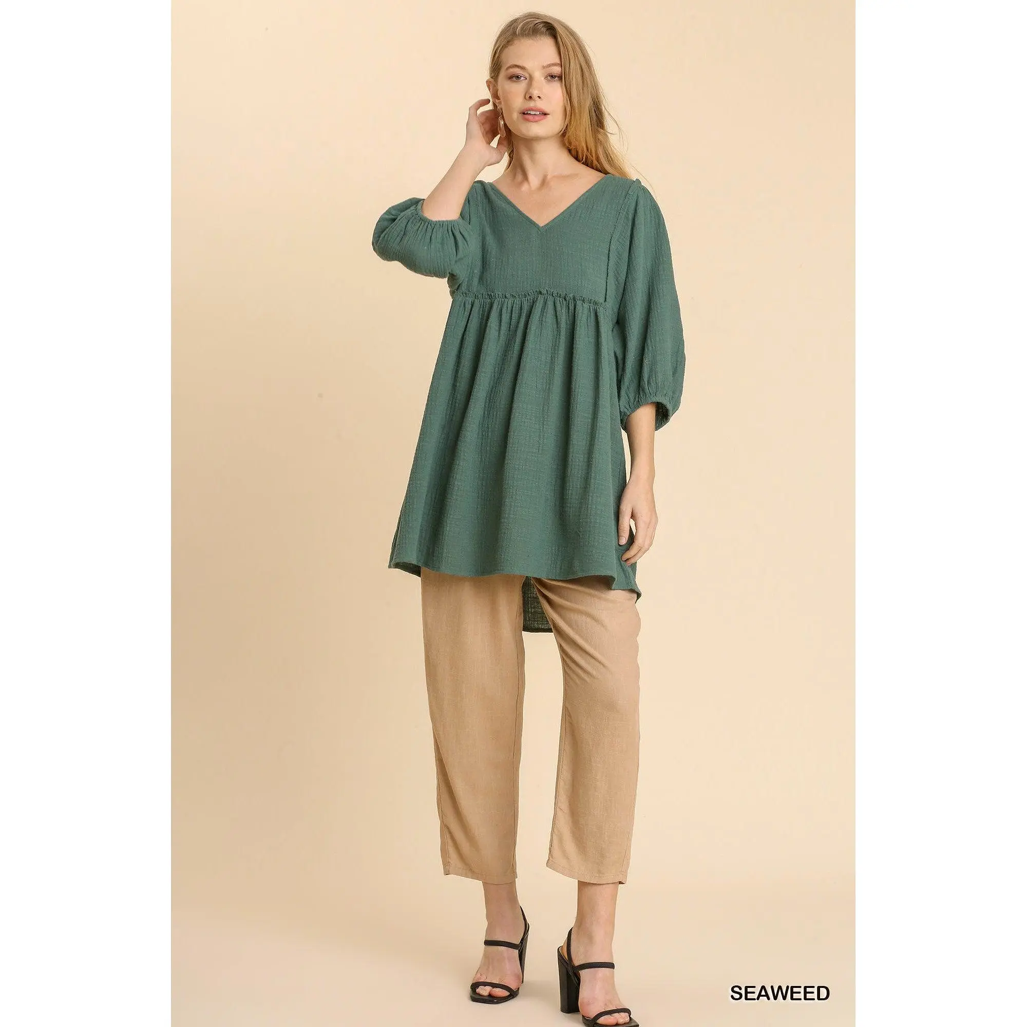 Gauze Slub V-neck Frayed Edge Detail Tunic Dress