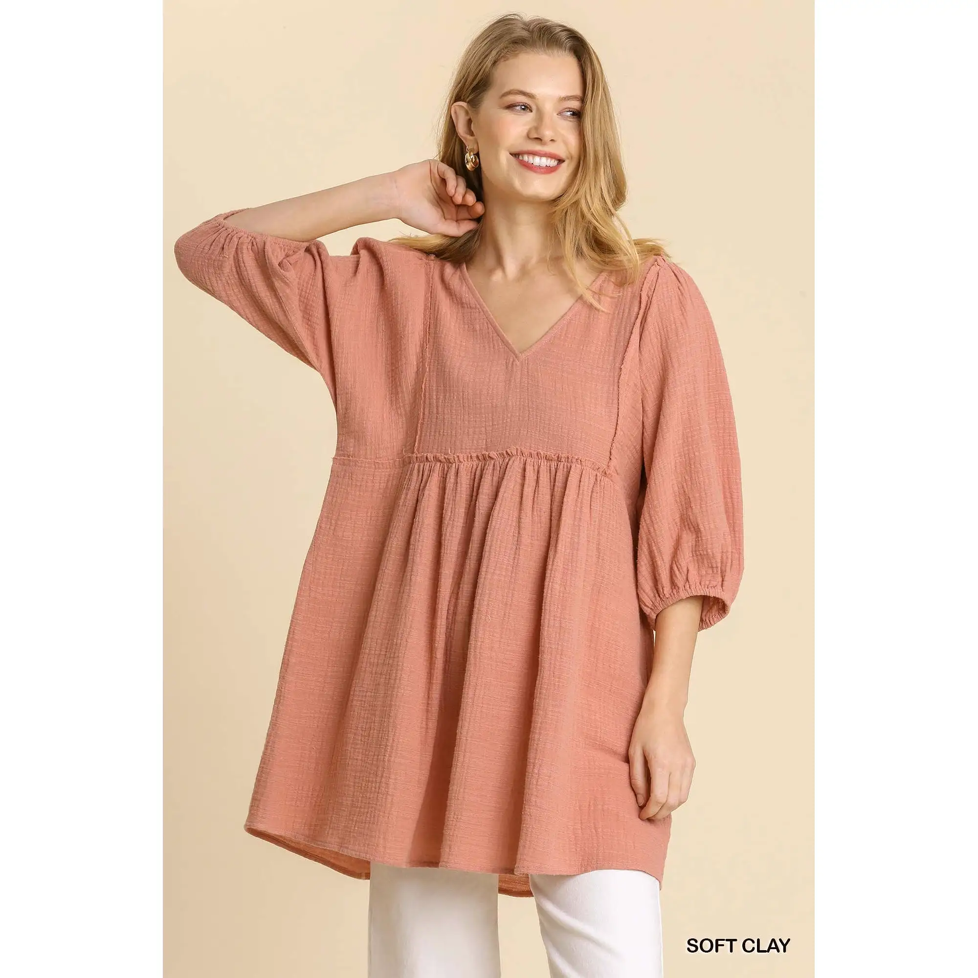 Gauze Slub V-neck Frayed Edge Detail Tunic Dress