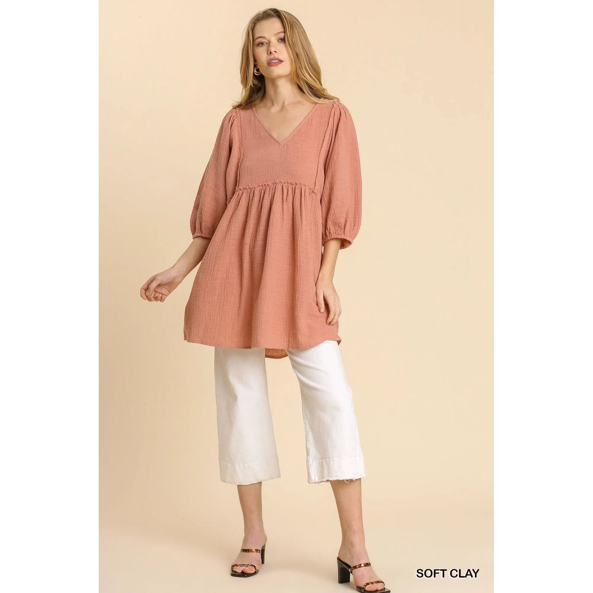 Gauze Slub V-neck Frayed Edge Detail Tunic Dress