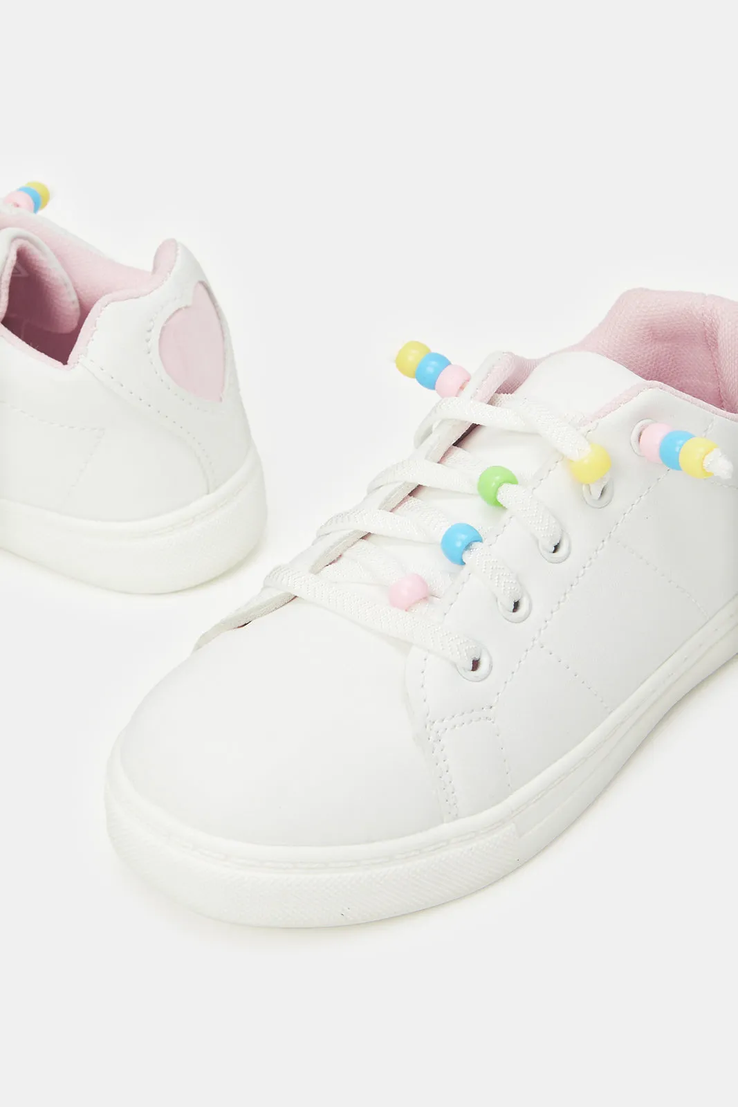 Girls White Beads Sneakers