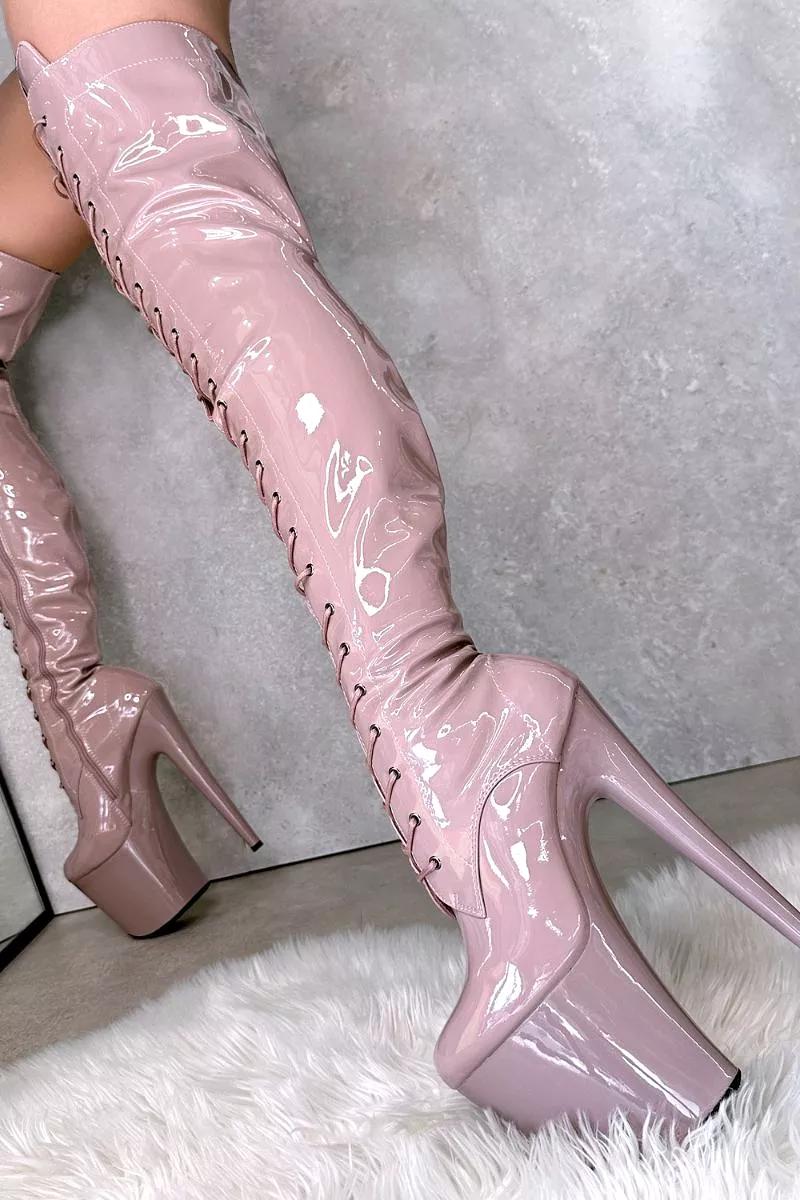 Hella Heels LipKit Thigh High Front Lace 7inch Boots - Boujee