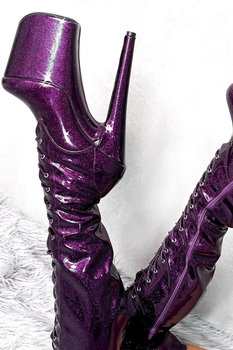 Hella Heels The Glitterati Thigh High 8inch Boots - Purple Rain