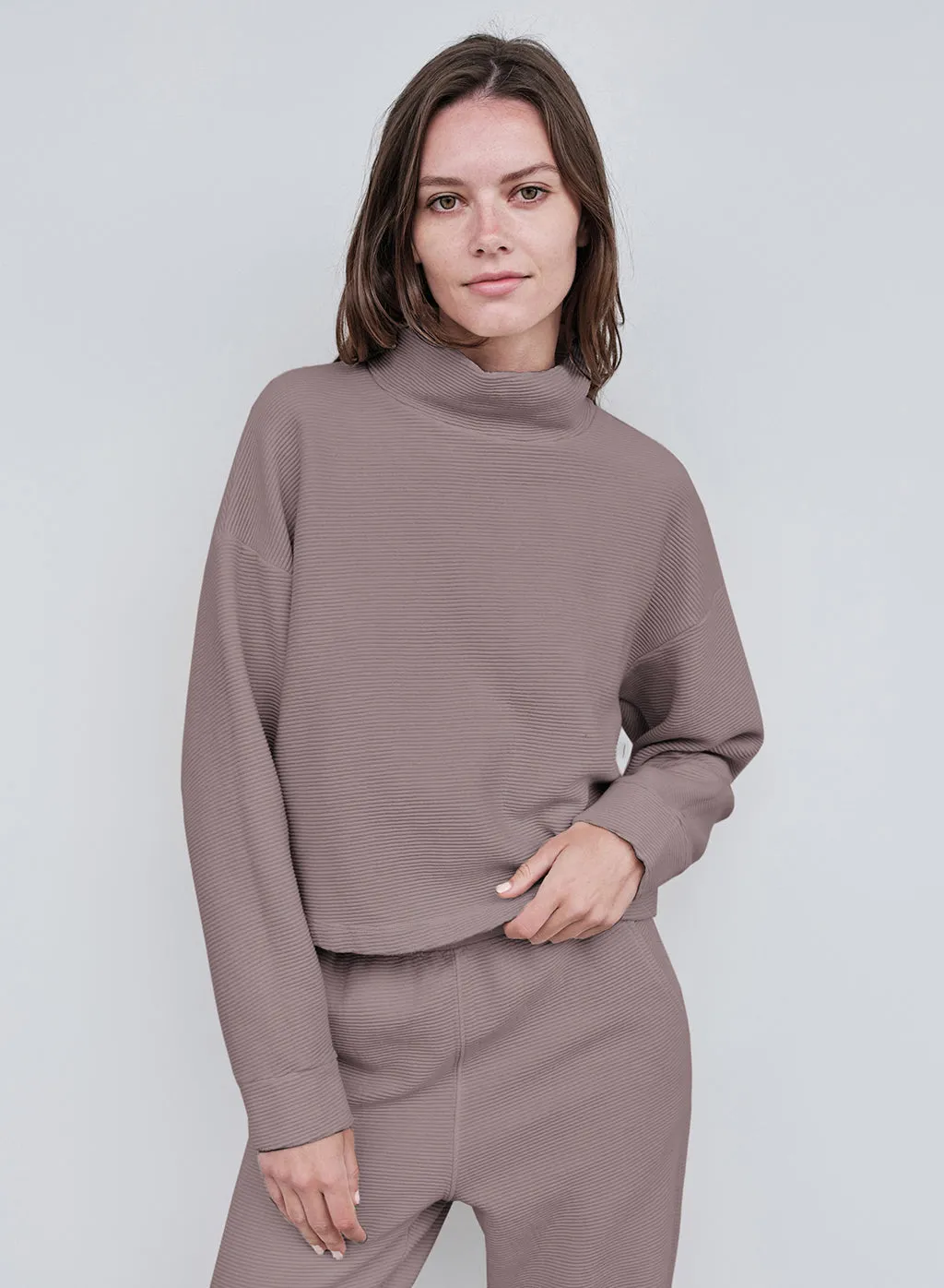 Horizontal Rib Mock Neck Pullover in Walnut