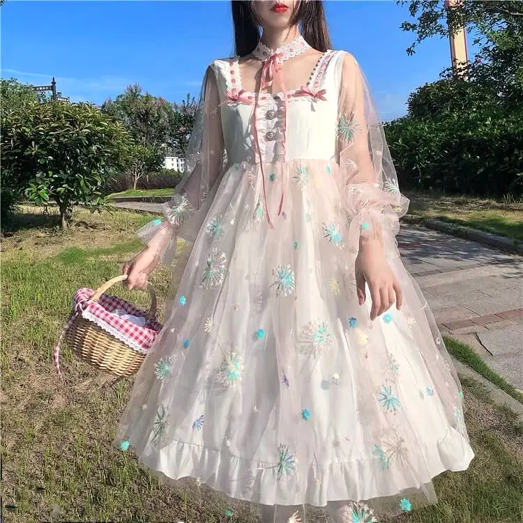 Japanese sweet floral embroidery mesh princess dress BY1197