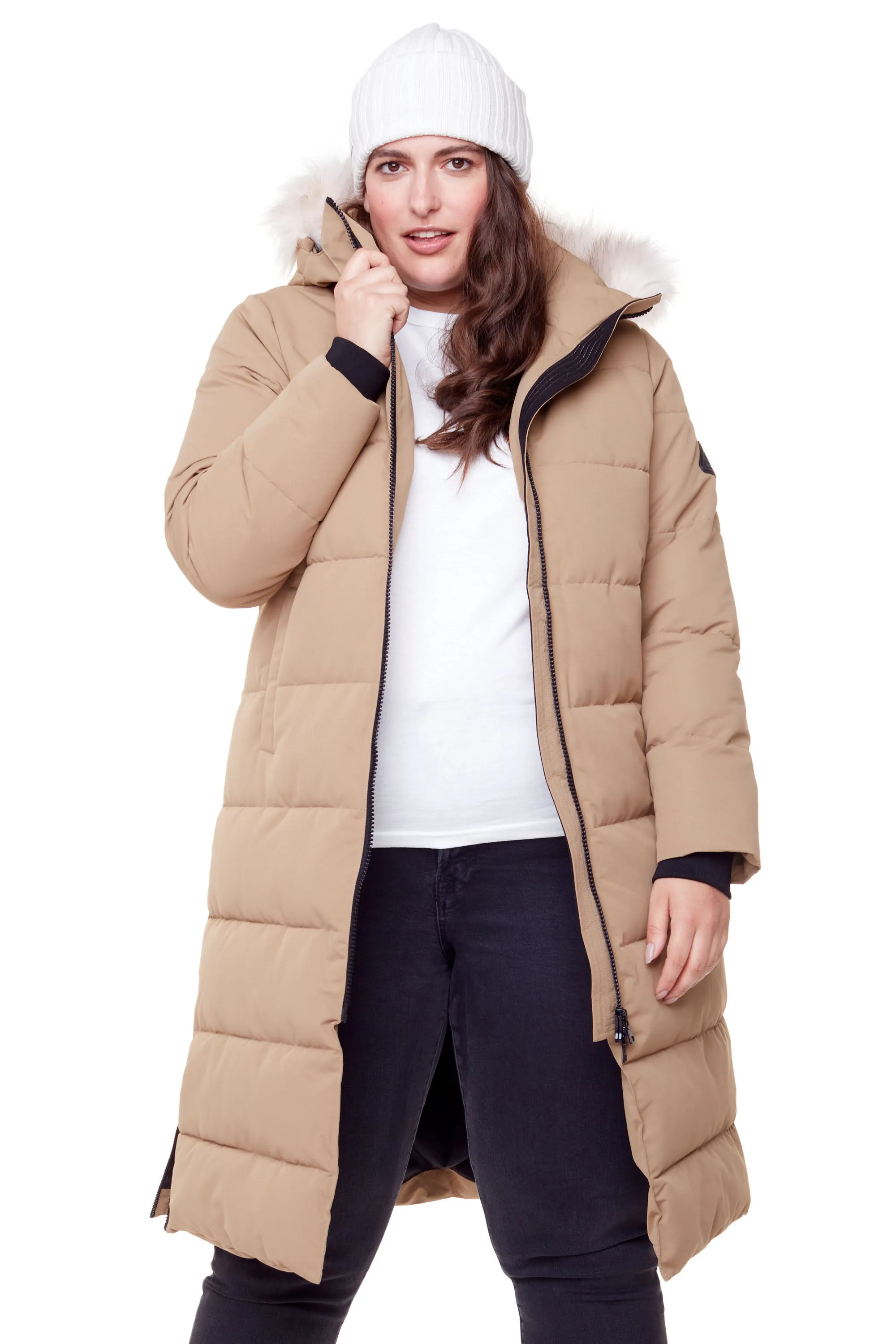 KLUANE PLUS | WOMEN'S VEGAN DOWN (RECYCLED) ULTRA LONG LENGTH PARKA, CAMEL (PLUS SIZE)