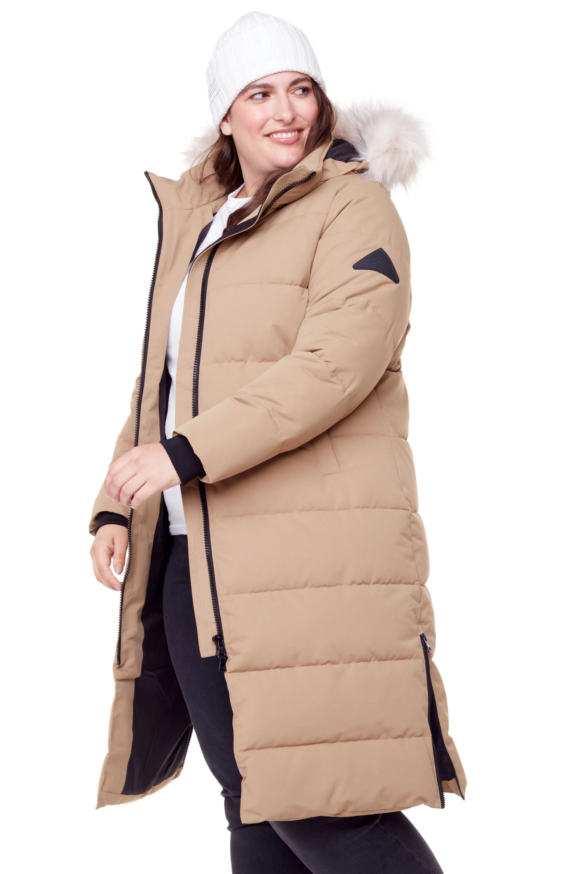 KLUANE PLUS | WOMEN'S VEGAN DOWN (RECYCLED) ULTRA LONG LENGTH PARKA, CAMEL (PLUS SIZE)