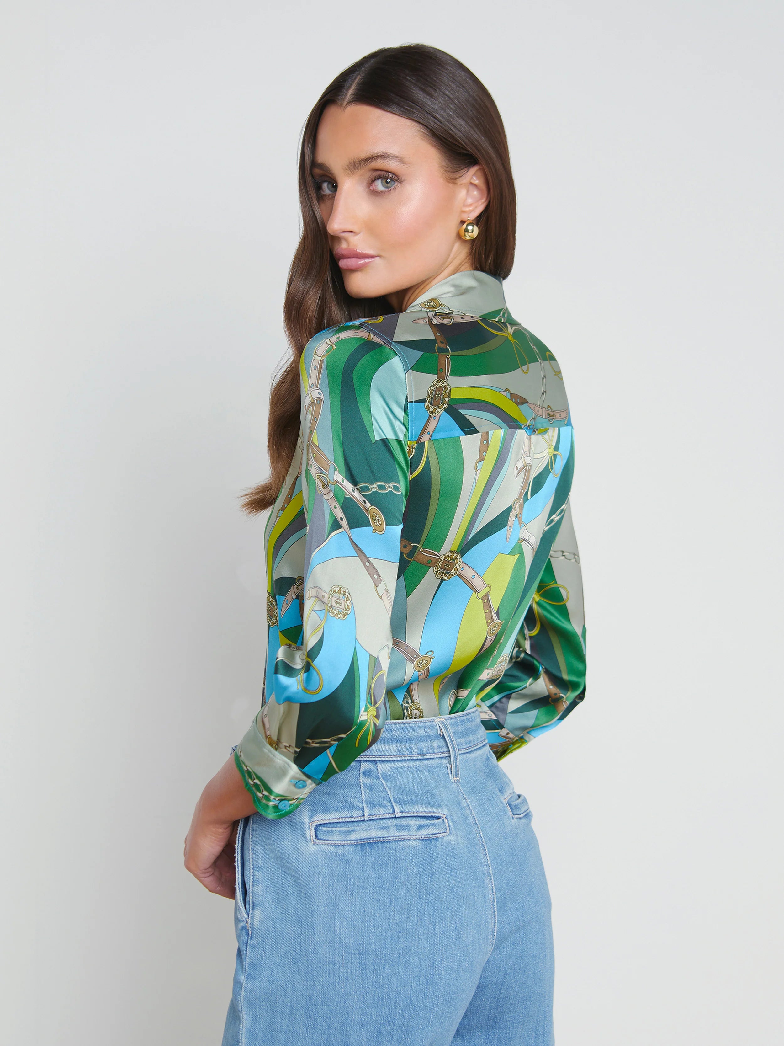 L’agence - Dani Silk Blouse - Sea Green Multi Belt Swirl