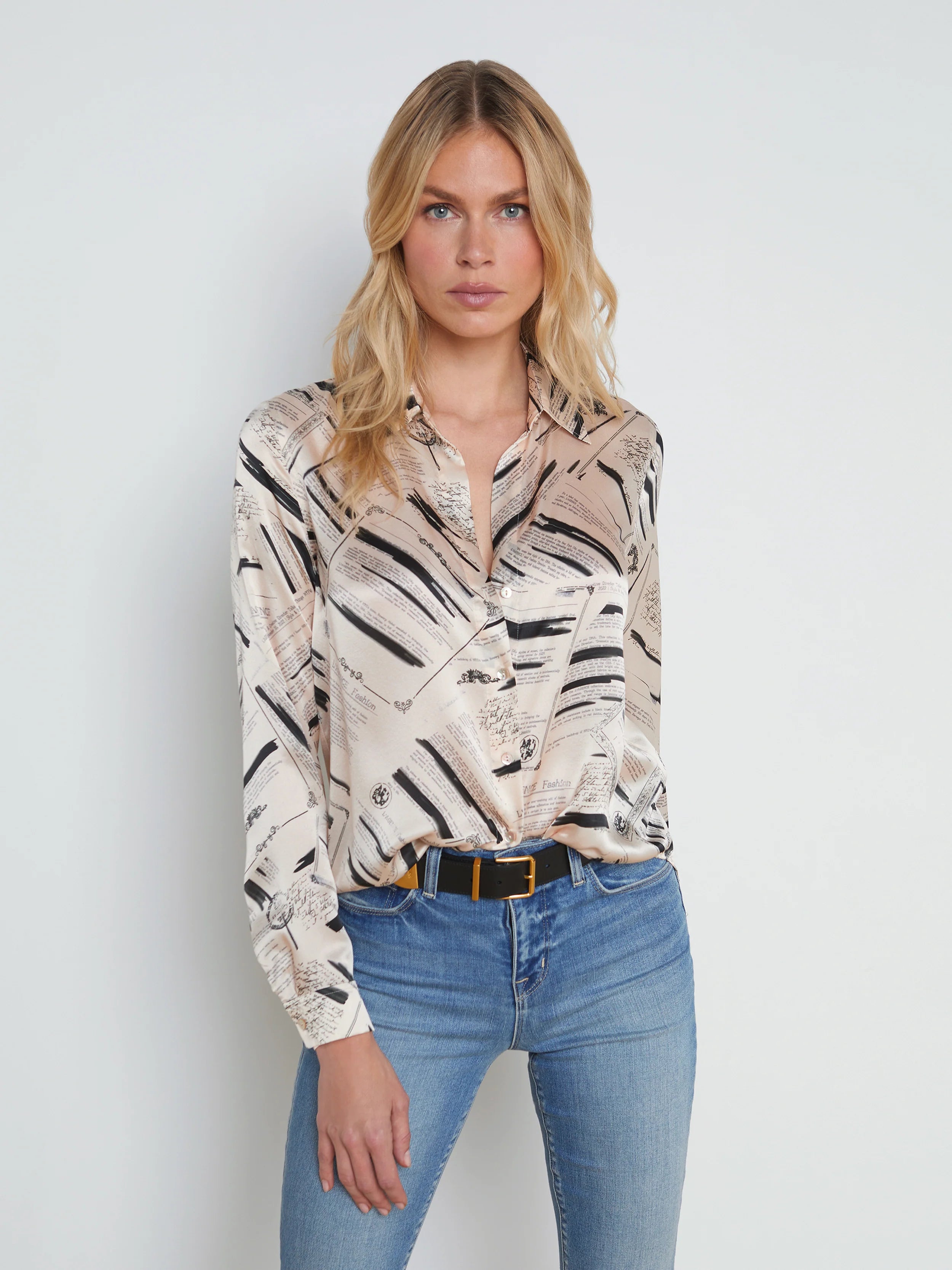 L’agence - Tyler Silk Blouse - Ecru/Black Typewriter