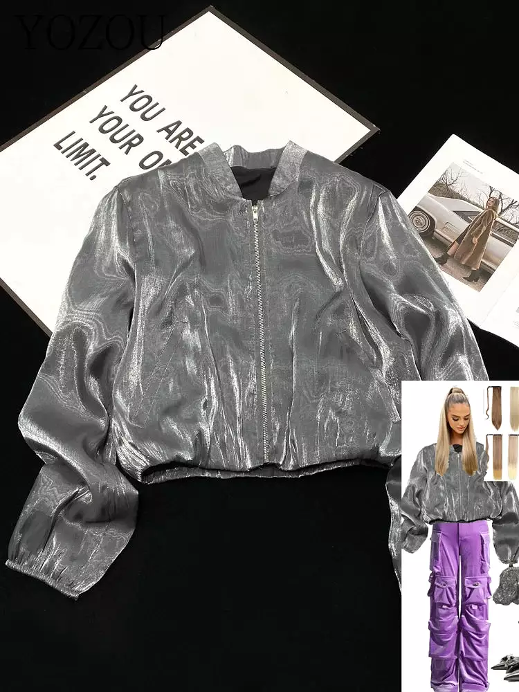 Luxury Spring Shiny Silver Silk Satin Bomber Jacket Zipper Coat Short Baseball Jackets