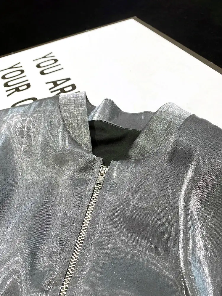 Luxury Spring Shiny Silver Silk Satin Bomber Jacket Zipper Coat Short Baseball Jackets