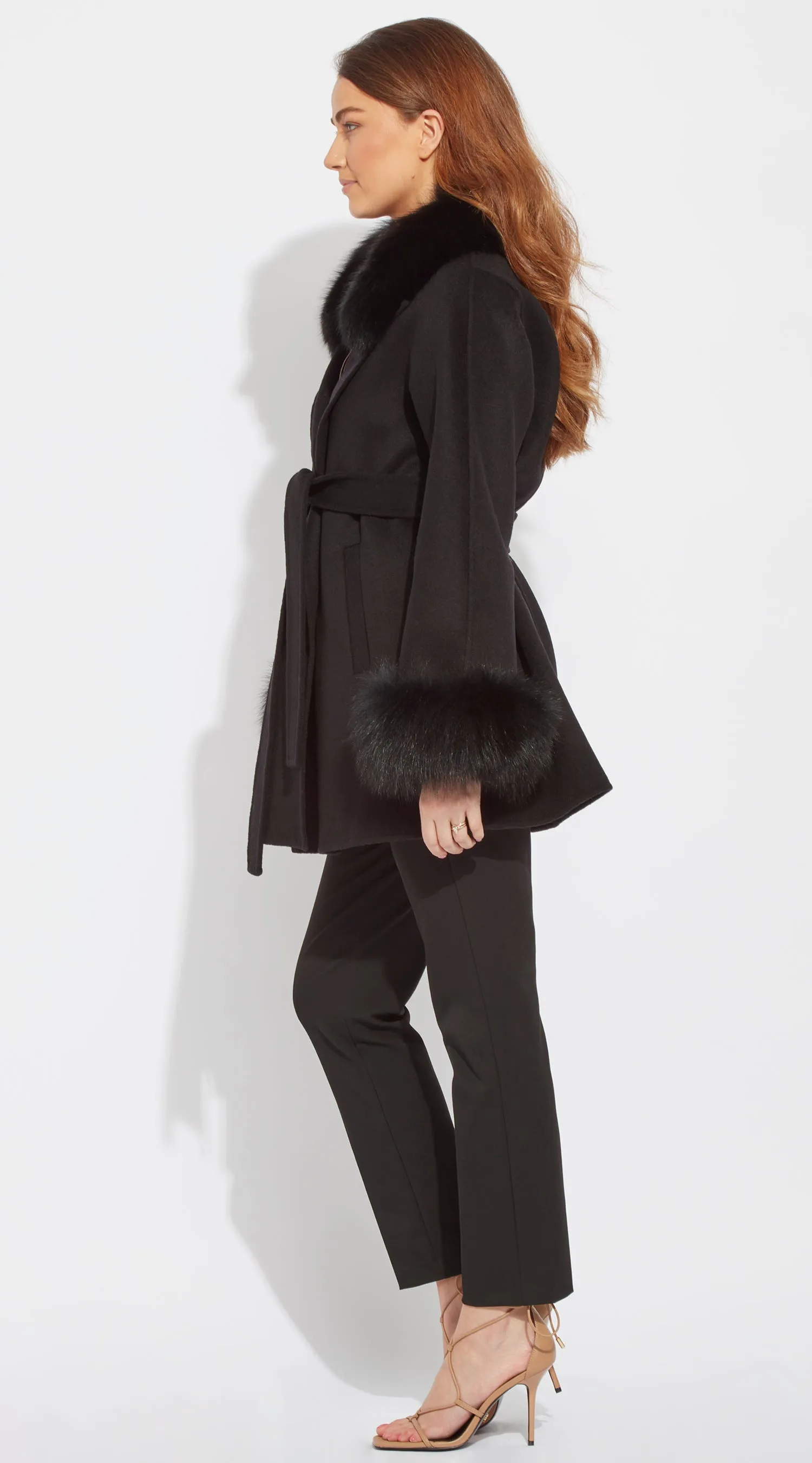 Luxy Cashmere & Fox Fur Belted Wrap Coat - Black