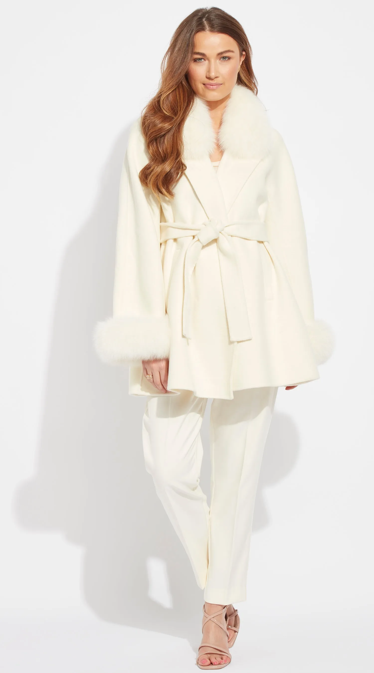 Luxy Cashmere & Fox Fur Belted Wrap Coat - Milk