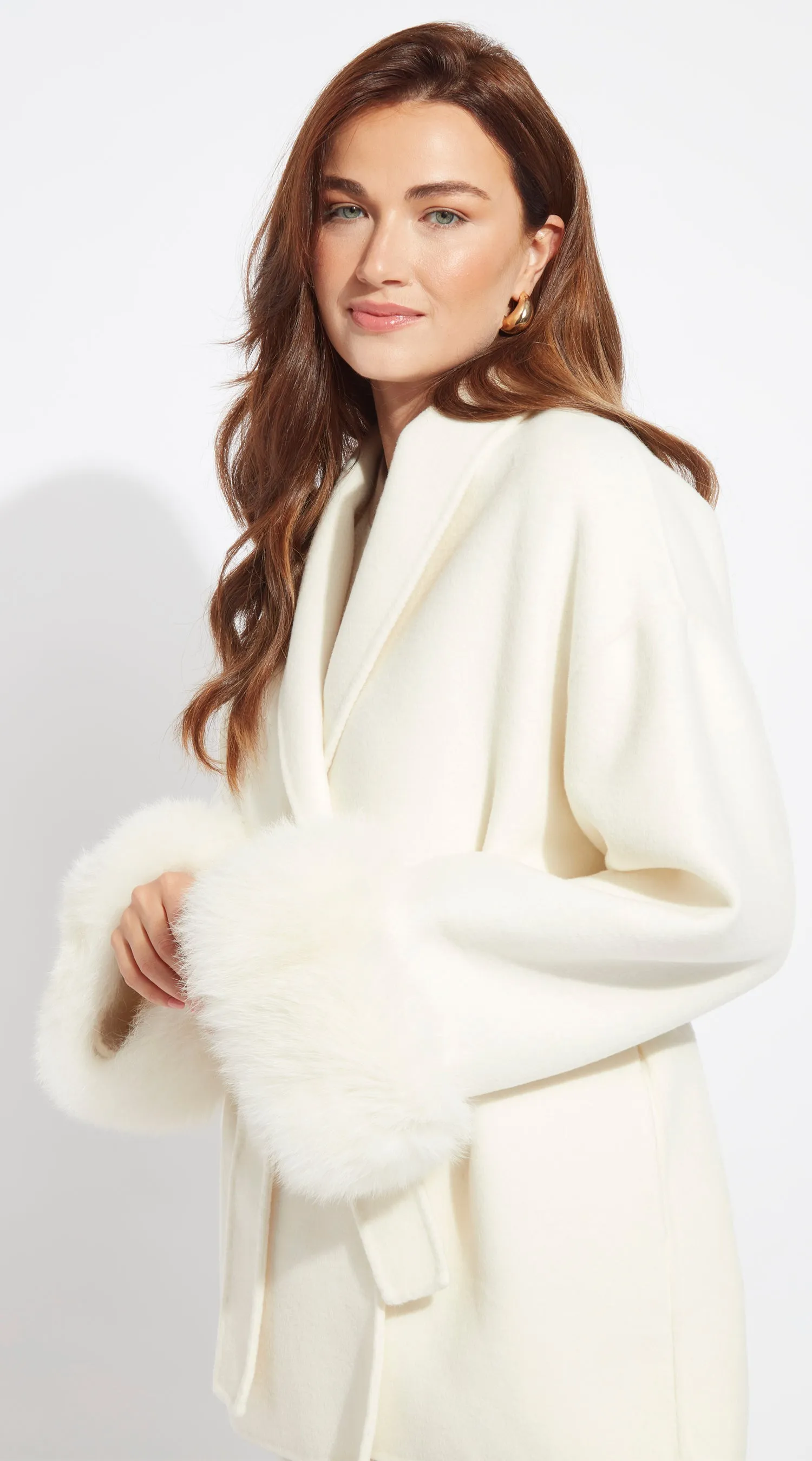 Luxy Cashmere & Fur Cuffed Belted Wrap Coat - Buttermilk