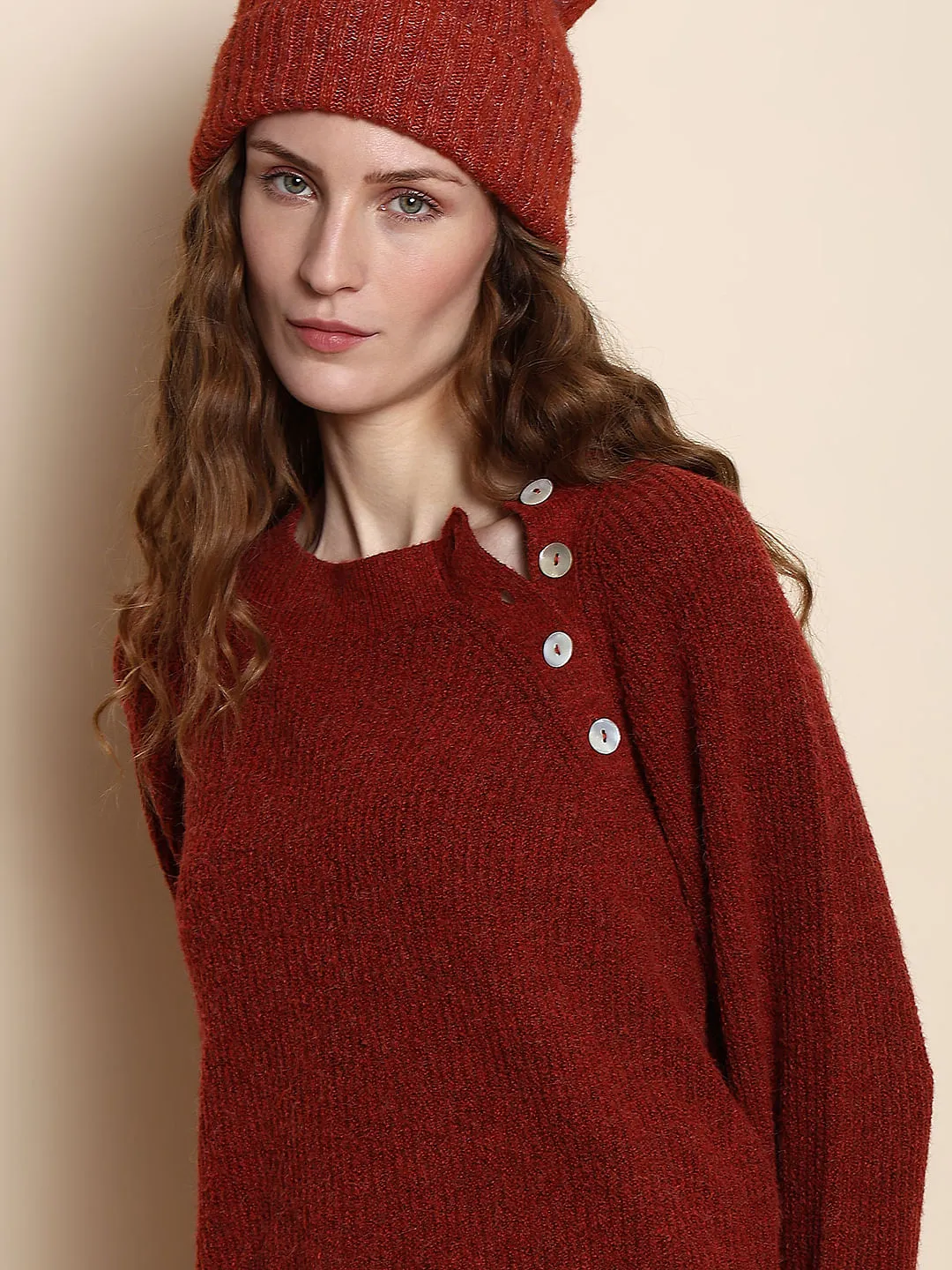 Maroon O-Neck Button Detail Pullover