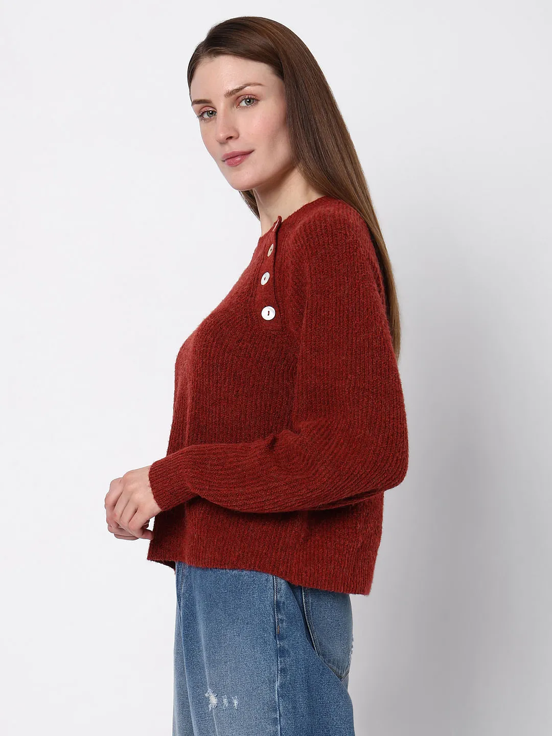 Maroon O-Neck Button Detail Pullover