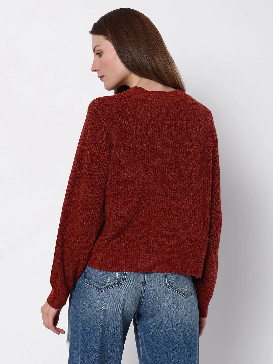 Maroon O-Neck Button Detail Pullover