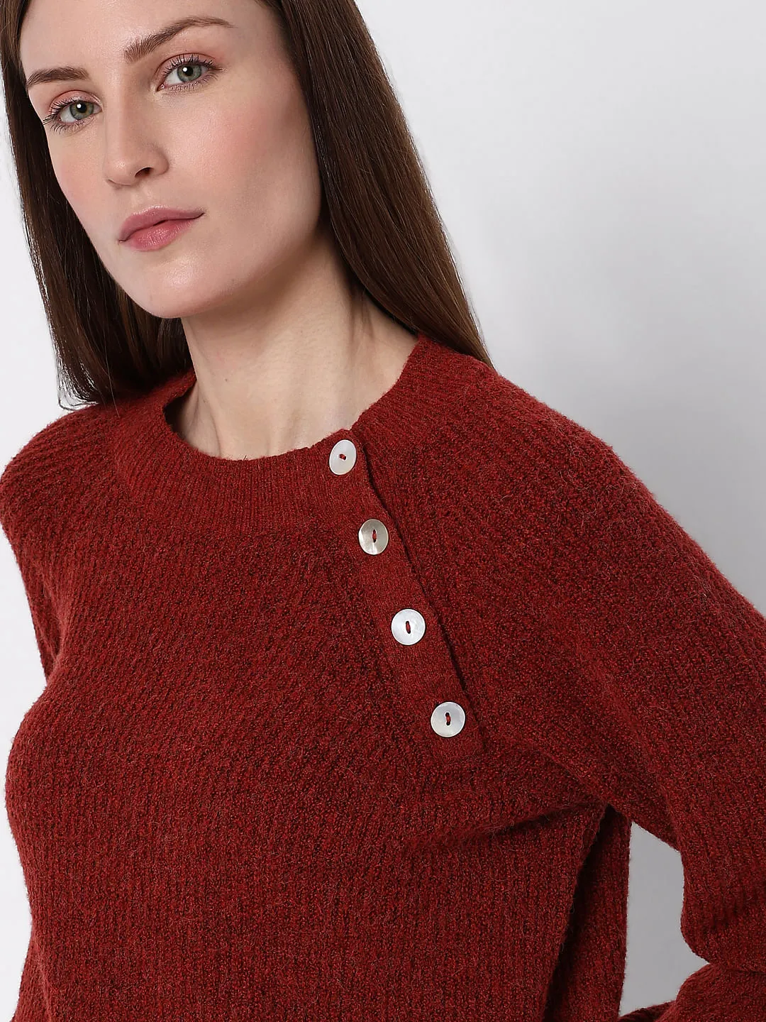 Maroon O-Neck Button Detail Pullover