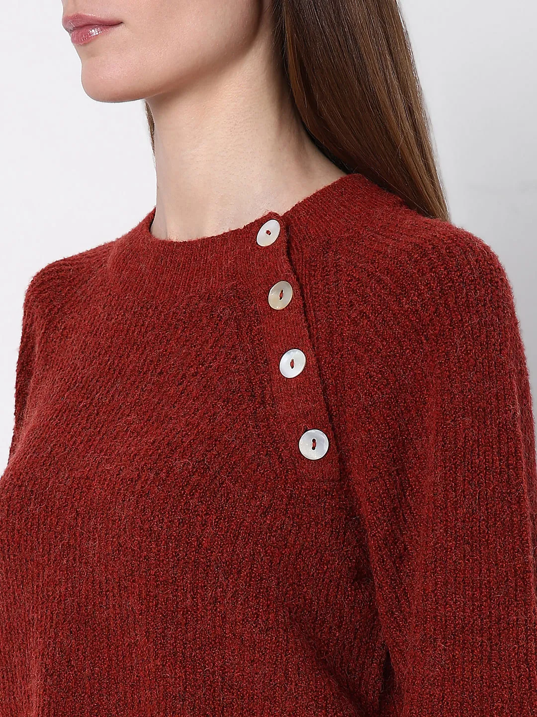 Maroon O-Neck Button Detail Pullover