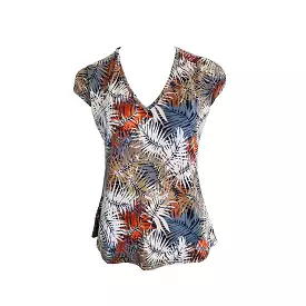 Multi-Coloured Leaf Pattern Deep V-Neck Blouse