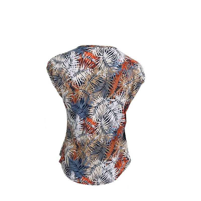 Multi-Coloured Leaf Pattern Deep V-Neck Blouse