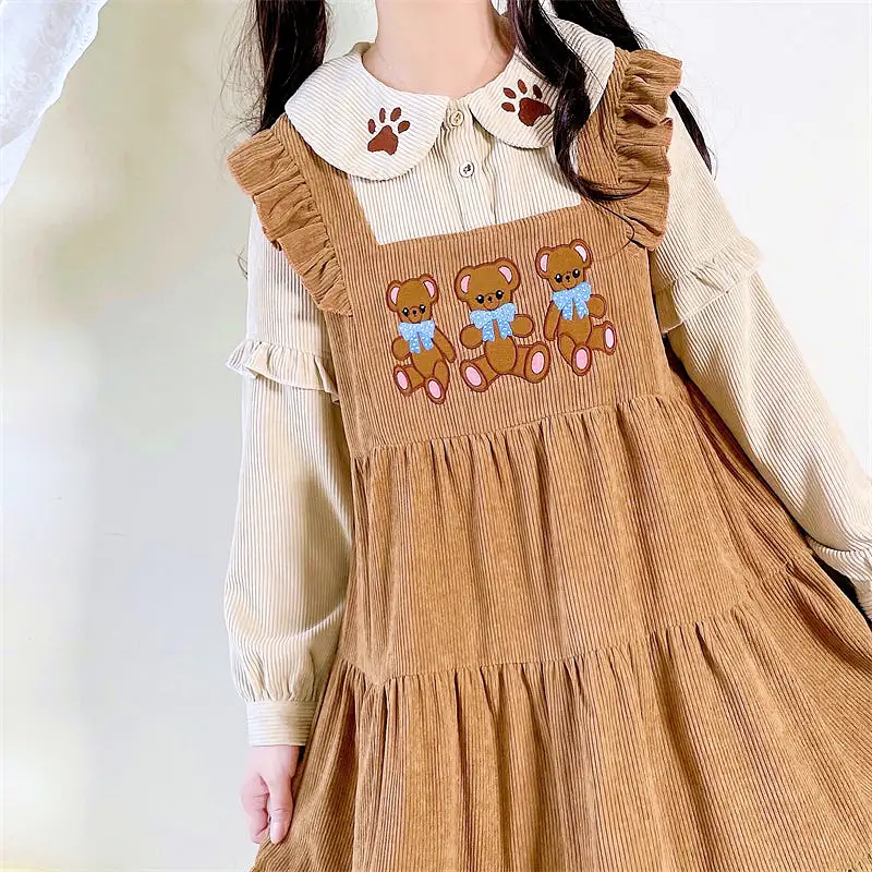 Original Lovely Japanese bear embroidered corduroy long sleeve dress BY900020