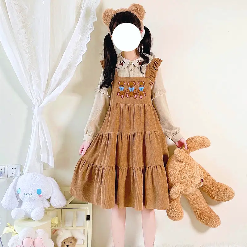 Original Lovely Japanese bear embroidered corduroy long sleeve dress BY900020