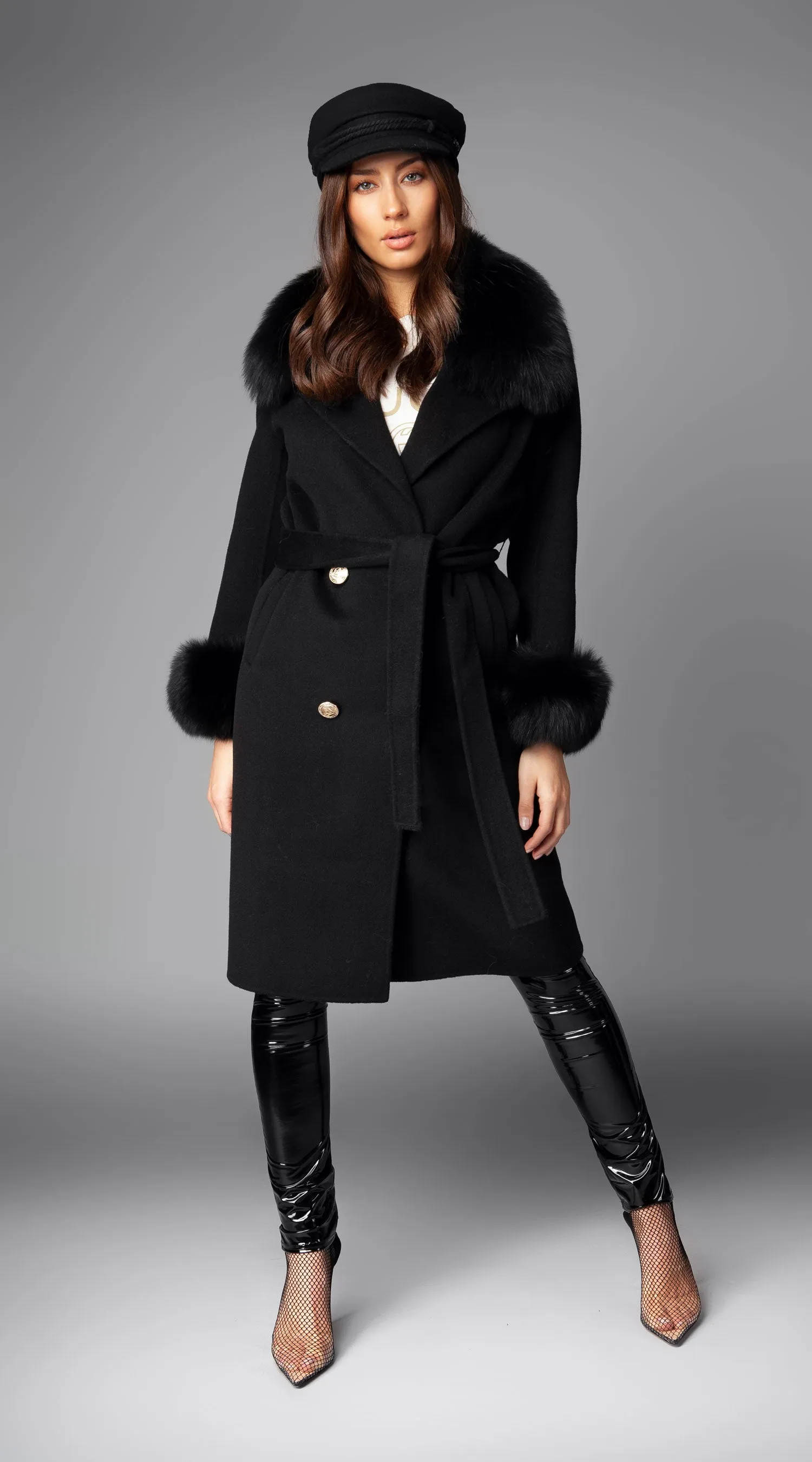 OUTLET Cashmere & Fox Fur Belted Coat - Black