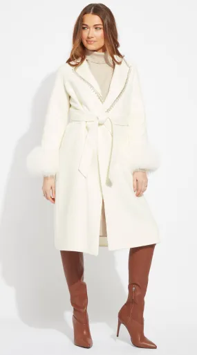 OUTLET Cashmere & Fur Embellished Belted Coat - Milk