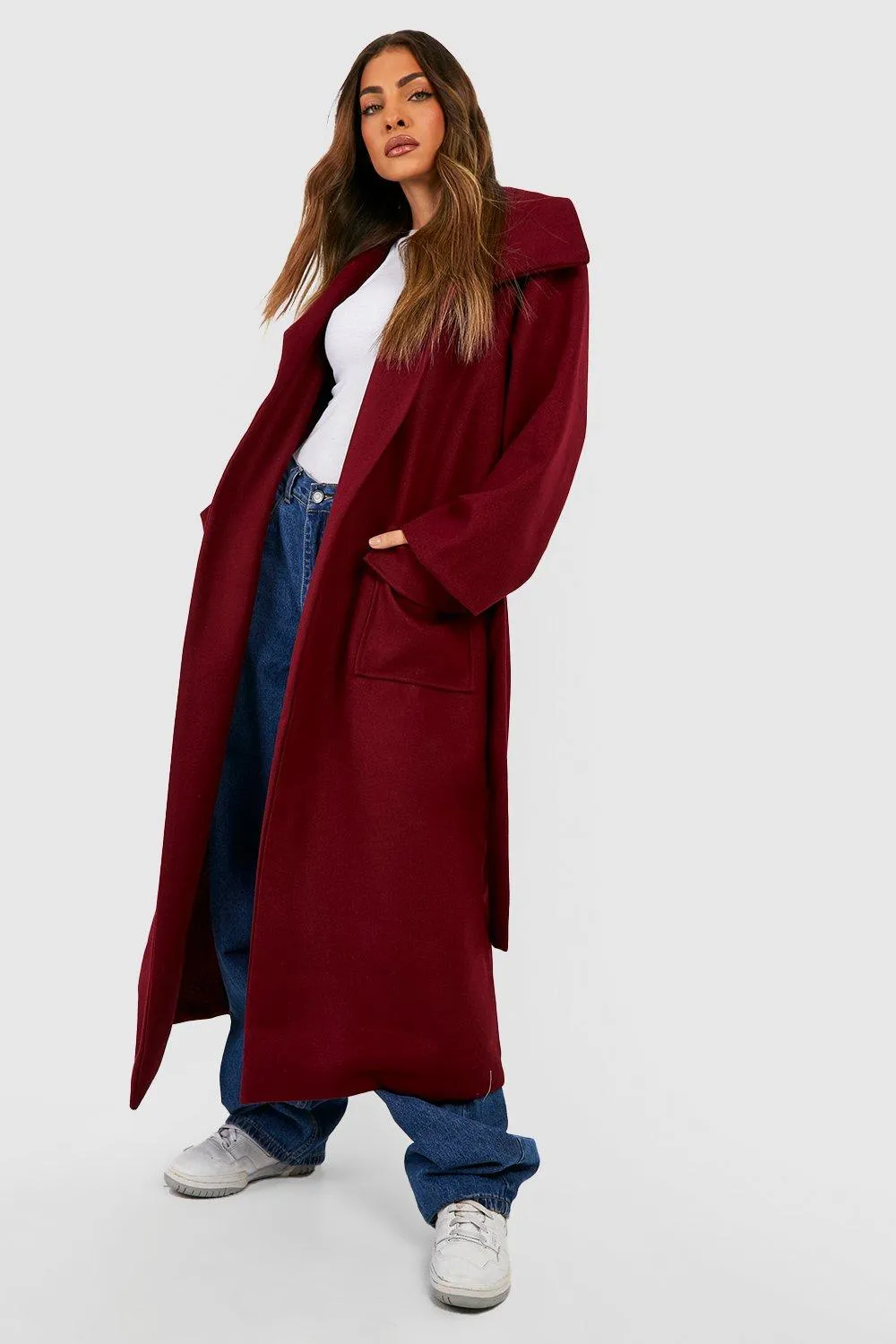 Oversized Belted Pocket Detail Wool Look Coat