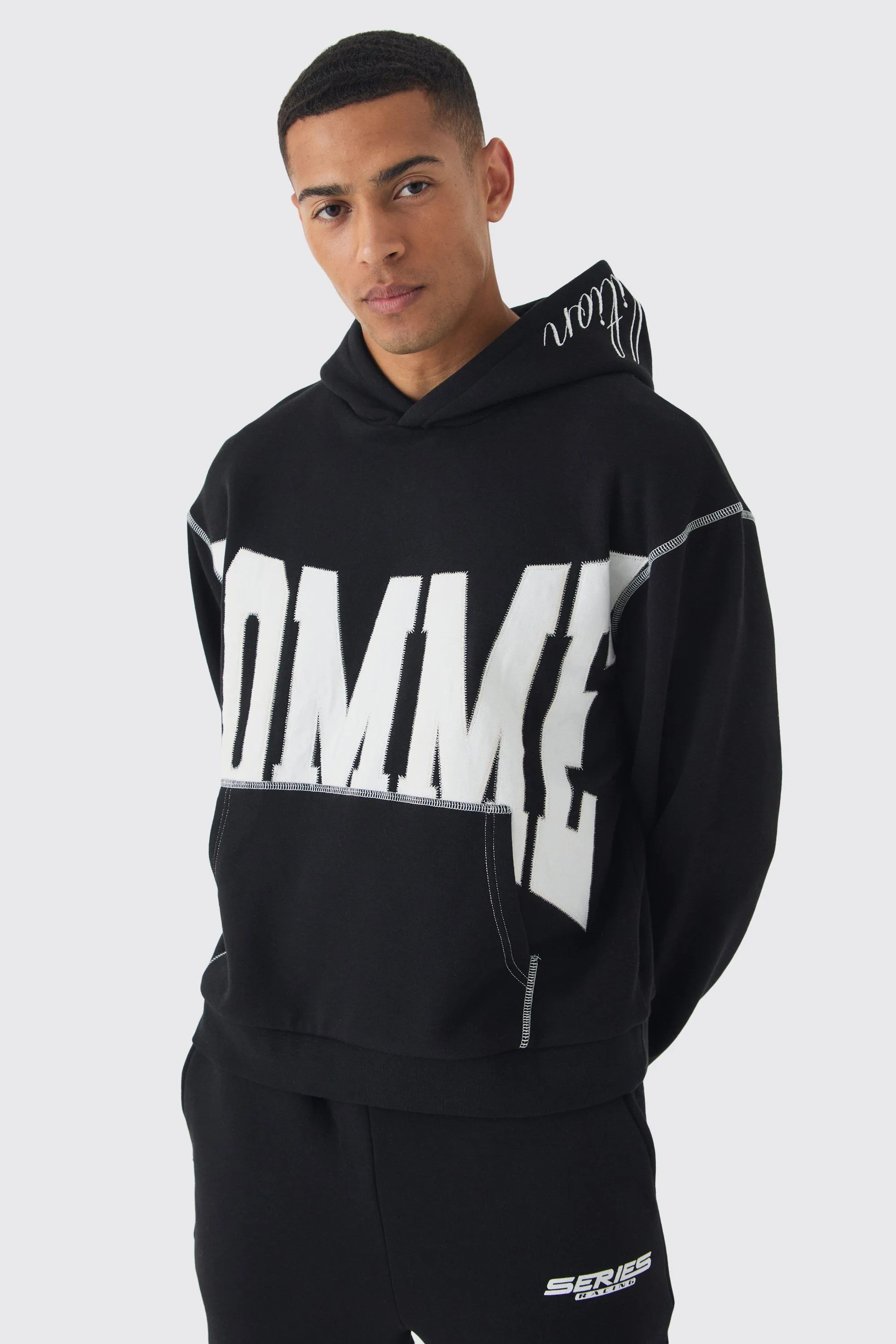 Oversized Boxy Twill Applique Contrast Stitch Hoodie